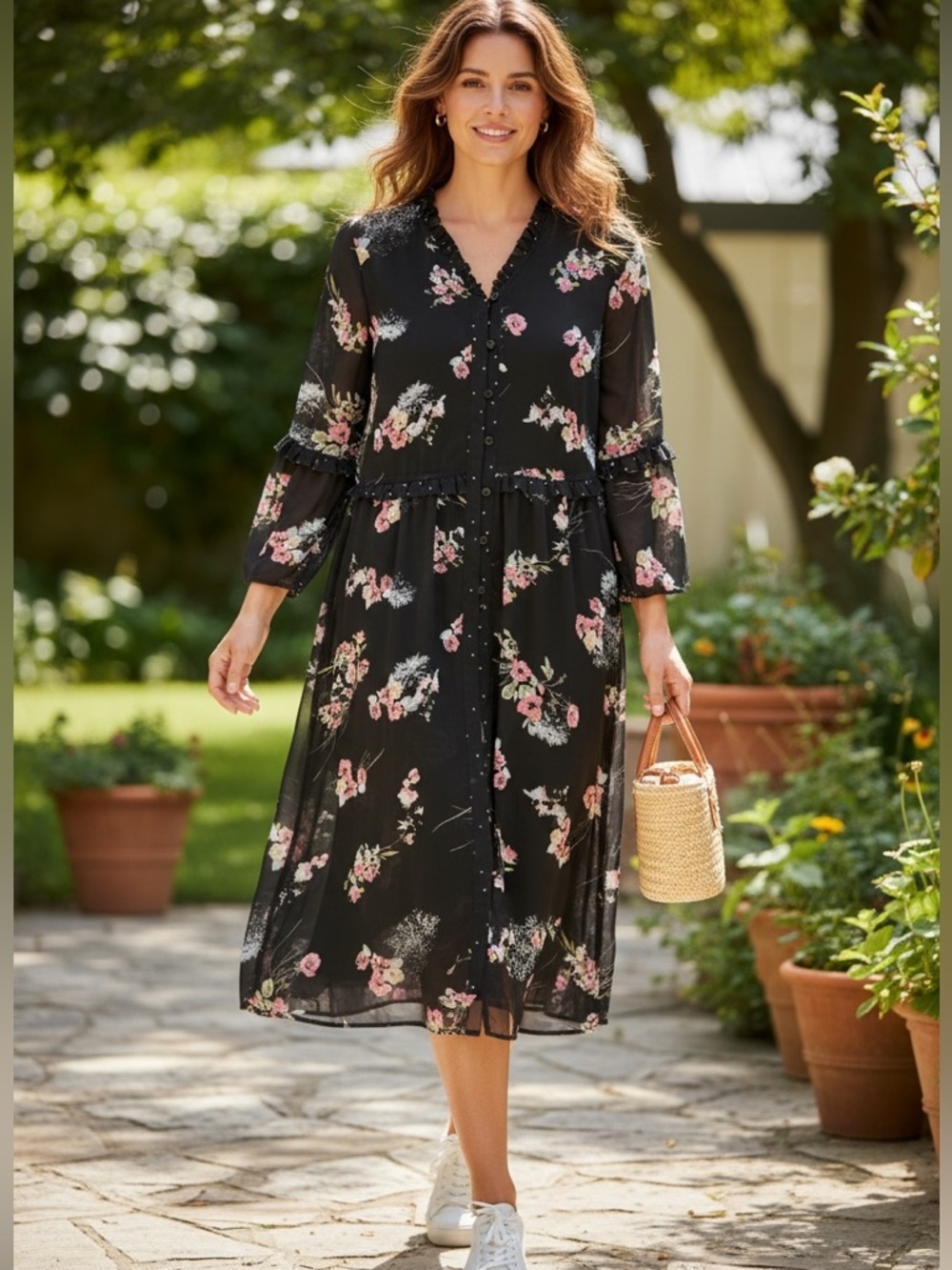 DR2 Black Floral Ruffle Sheer Button Front Mini Dress Overlay
